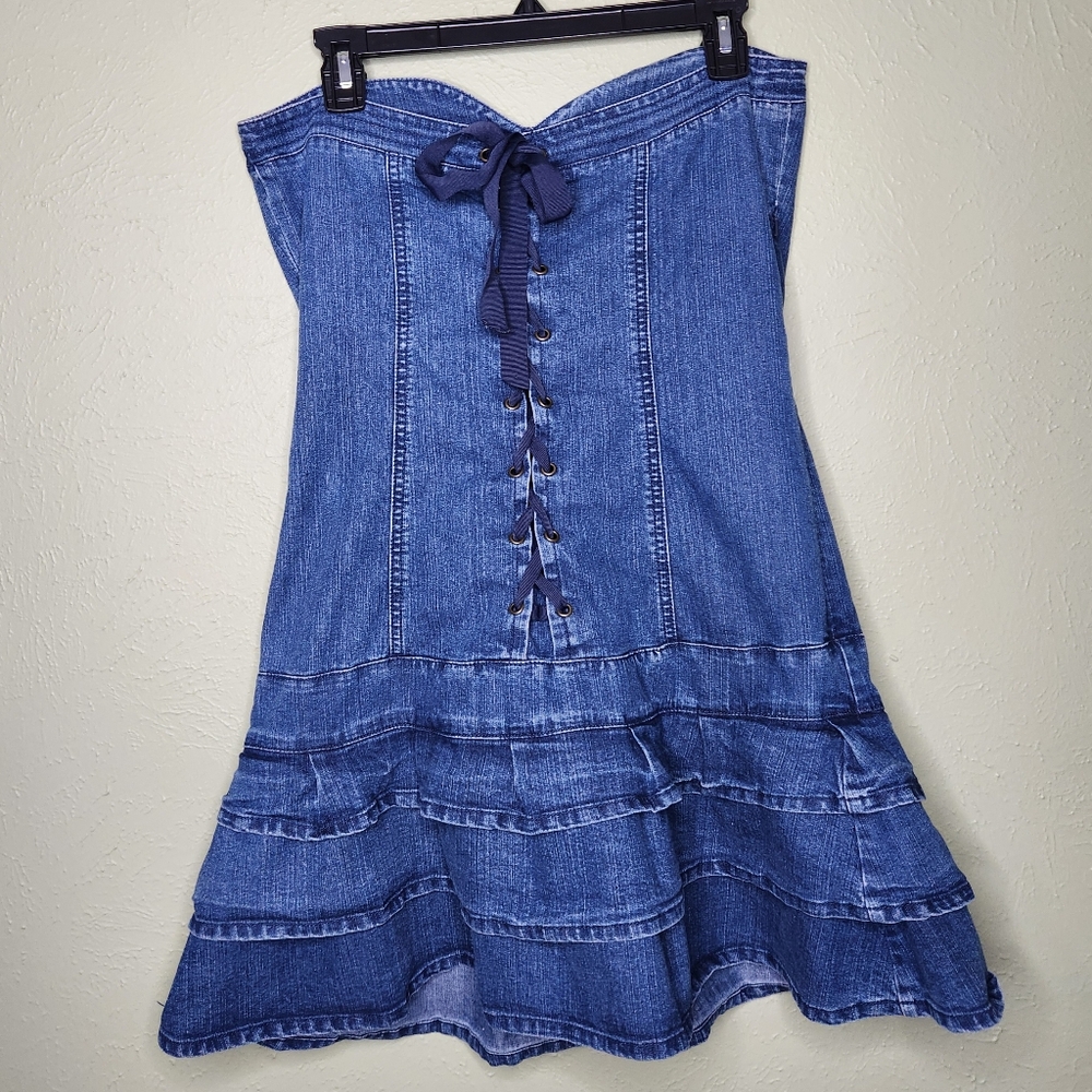 Y2K Denim Micro Mini Dress Large Strapless Corset Pleated Tiered Lace Up